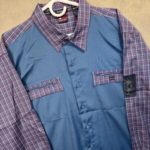 Bugle Boy Button Up Shirt Mens XL Blue Red Plaid Mixed Media Y2K 2002 Excellent